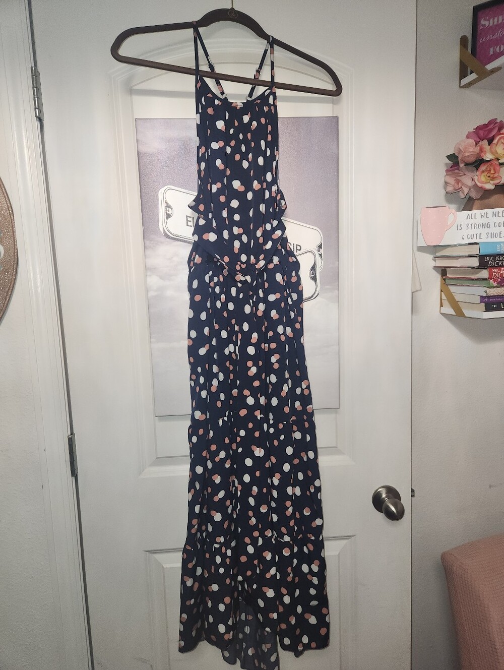 Navy Polka Dot Maxi Dress with Pink & White Spots